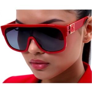 Red Shield Sunglasses Black Lens Flat Top Women‎ Oversized Fashion Fancy Glasses